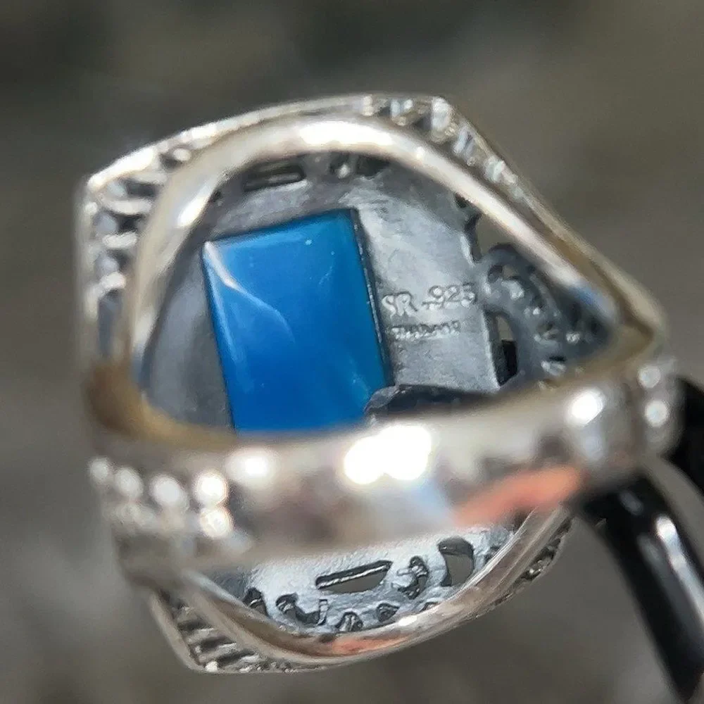 Large Sterling Silver 925‎ Blue Stone/Marcasite Ring